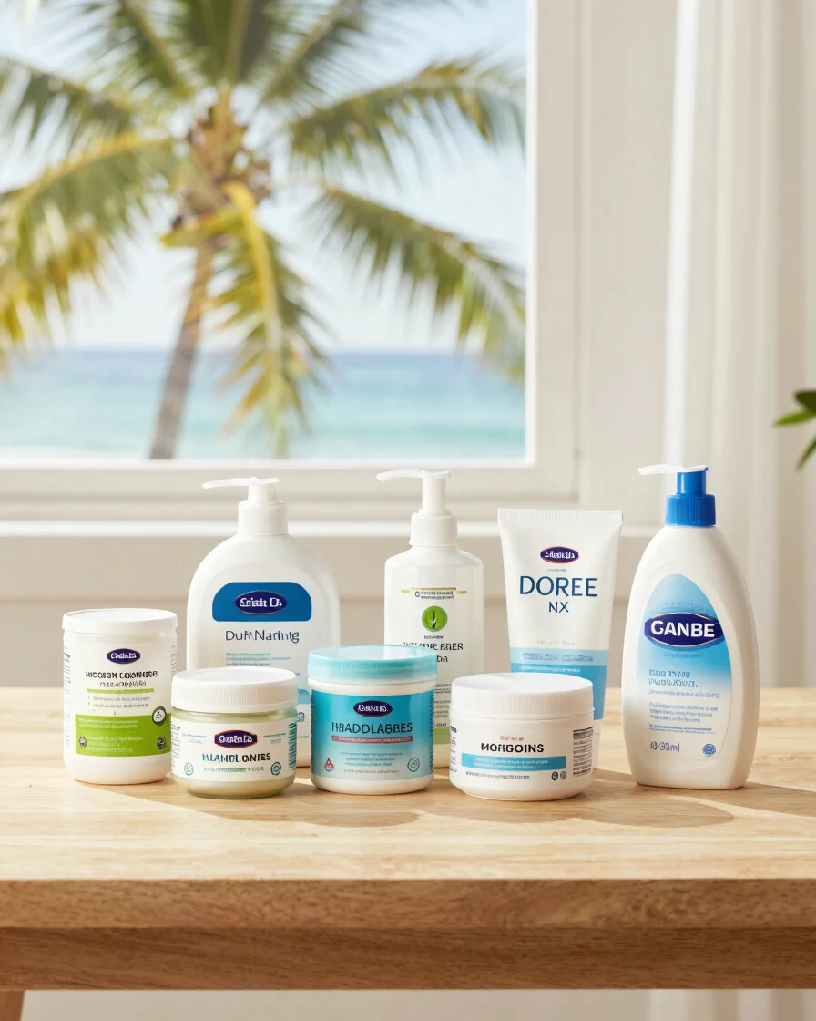 Editorial product photography of neatly packed everyday consumer goods on a light wooden table, soft tropical daylight f
