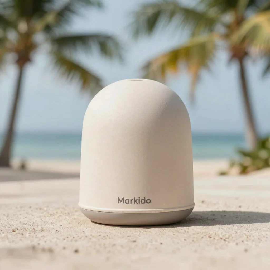 Close-up editorial product photograph of a Markido item on a neutral surface in soft natural tropical daylight, showing
