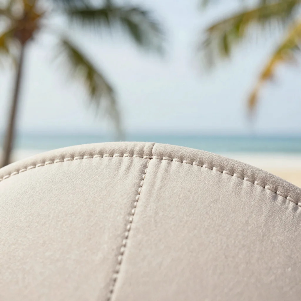Macro detail shot of stitching or seam quality on a Markido product, soft natural daylight, shallow depth of field, true