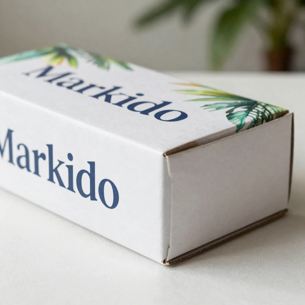 Packaging close-up of a Markido box showing printed finish and edge quality, soft tropical daylight, clean composition,