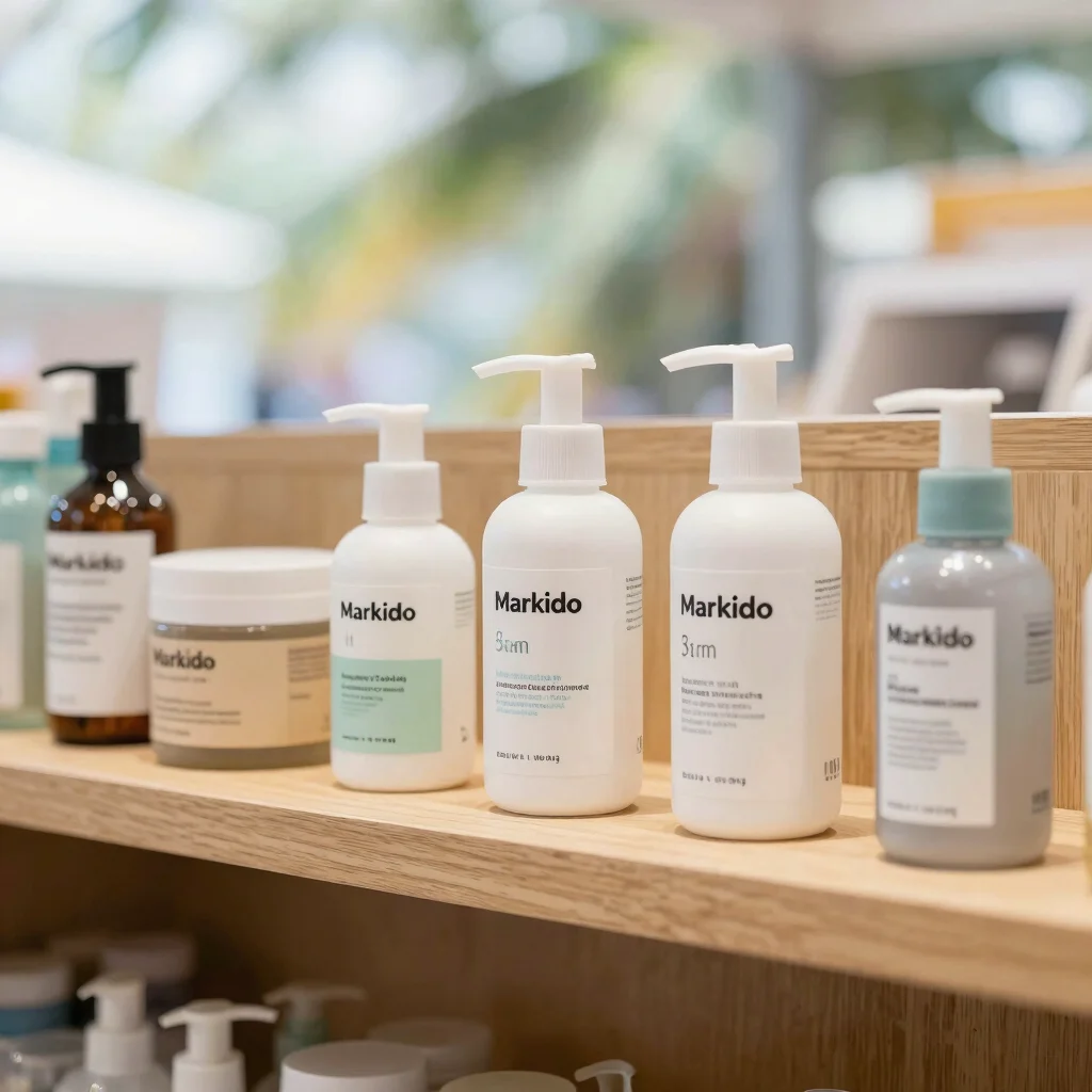 Wider context shot of several Markido products arranged neatly on a light wooden shelf in a shop, soft daylight, approac